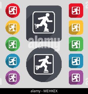 roller skating icon sign. A set of 12 colored buttons and a long shadow. Flat design. Vector illustration Stock Vector