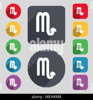 Scorpio icon sign. A set of 12 colored buttons and a long shadow. Flat design. Vector illustration Stock Vector