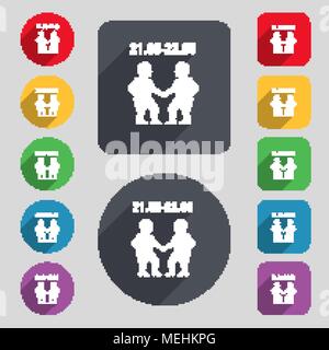 Gemini icon sign. A set of 12 colored buttons and a long shadow. Flat design. Vector illustration Stock Vector