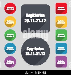 Sagittarius icon sign. A set of 12 colored buttons and a long shadow. Flat design. Vector illustration Stock Vector