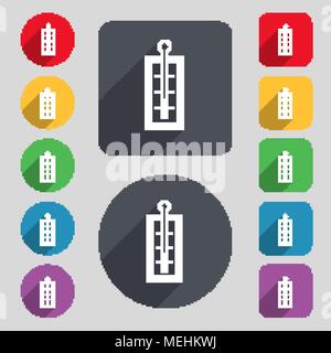 Thermometer icon sign. A set of 12 colored buttons and a long shadow. Flat design. Vector illustration Stock Vector