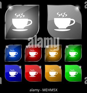 The tea and cup icon sign. Set of ten colorful buttons with glare. Vector illustration Stock Vector