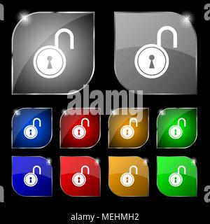 open lock icon sign. Set of ten colorful buttons with glare. Vector illustration Stock Vector