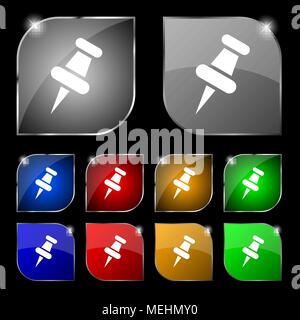 push pin icon sign. Set of ten colorful buttons with glare. Vector illustration Stock Vector