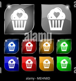 Cute Lovely Cupcake with Heart icon sign. Set of ten colorful buttons with glare. Vector illustration Stock Vector