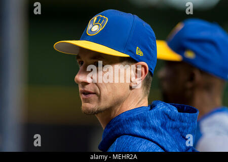 Milwaukee, WI, USA. 21st Apr, 2018. Milwaukee Brewers manager Craig Counsell #30 prior to the Major League Baseball game between the Milwaukee Brewers and the Miami Marlins at Miller Park in Milwaukee, WI. John Fisher/CSM/Alamy Live News Stock Photo