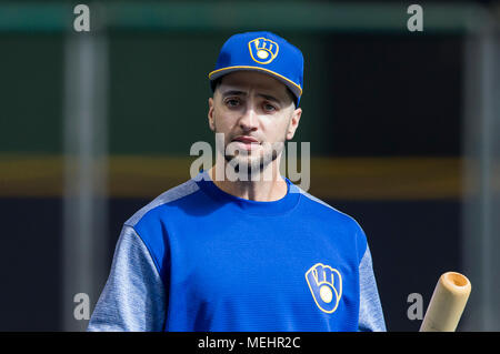 Milwaukee, WI, USA. 21st Apr, 2018. Milwaukee Brewers center fielder  Christian Yelich #22 during batting practice prior to the Major League  Baseball game between the Milwaukee Brewers and the Miami Marlins at