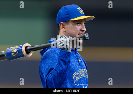 Milwaukee, WI, USA. 21st Apr, 2018. Milwaukee Brewers center fielder  Christian Yelich #22 during batting practice prior to the Major League  Baseball game between the Milwaukee Brewers and the Miami Marlins at