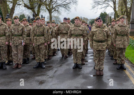 Cadets from The Queen's Lancashire Regiment stand to attention during the service to commemorate the anniversary of ANZAC Day - Warrington, UK, 22 April 2018. The Anniversary of ANZAC Day has been commemorated on Sunday 22 April 2018 within Soldiers' Corner of Warrington Cemetery when the Deputy Mayor, Cllr Karen Mundry, Cadets from the Queen's Lancashire Regiment, Warrington Sea Cadets and many veterans were in attendance Credit: John Hopkins/Alamy Live News Stock Photo