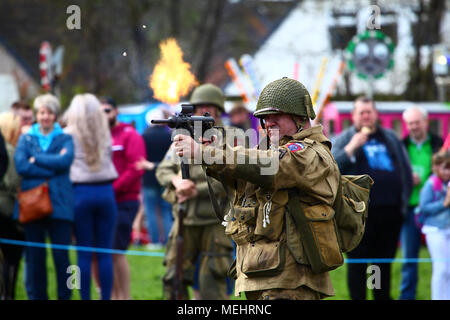 Morley, Leeds, UK - 22nd April 2018. World war two reenactment groups were performing displays and firing their vintage firearms, pictured here is a US army soldier. Credit: Andrew Gardner/Alamy Live News Stock Photo