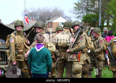 Morley, Leeds, UK - 22nd April 2018. World war two reenactment groups were performing displays and firing their vintage firearms pictured are US army soldiers. Credit: Andrew Gardner/Alamy Live News Stock Photo