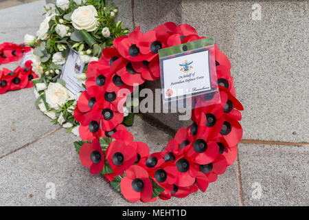 Wreaths that have been laid in Soldier's Corner to commemorate the anniversary of ANZAC day - Warrington, UK, 22 April 2018. The Anniversary of ANZAC Day has been commemorated on Sunday 22 April 2018 within Soldiers' Corner of Warrington Cemetery when the Deputy Mayor, Cllr Karen Mundry, Cadets from the Queen's Lancashire Regiment, Warrington Sea Cadets and many veterans were in attendance Credit: John Hopkins/Alamy Live News
