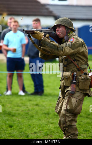 Morley, Leeds, UK - 22nd April 2018. World war two reenactment groups were performing displays and firing their vintage firearms, pictured here is a US army soldier. Credit: Andrew Gardner/Alamy Live News Stock Photo