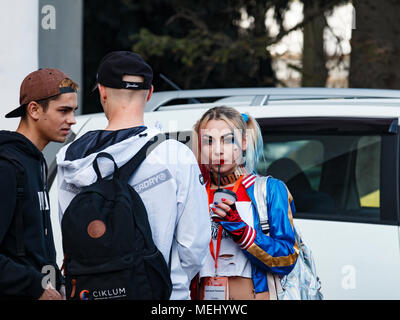 Kiev, Ukraine. 21st Apr, 2018. Festival of Hick and Game Culture 'WEGAME 4.0' at Exhibition of Achievements of National Economy. The unique cosplay show is divided into 3 categories: 'Films, cartoons, serials', 'Comics and fiction', 'Video games'. Credit: Maksym Redka/Alamy Live News Stock Photo