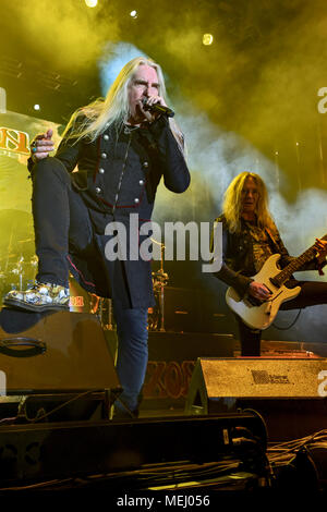 Las Vegas Nevada, USA. April 21, 2018 - Biff Byford of Saxon on stage on day 2 of the second annual Las Rageous heavy metal music festival held at the Downtown Las Vegas Events Center. Credit: Ken Howard/Alamy Live News Stock Photo