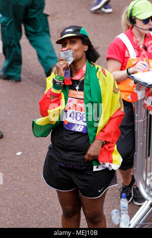London, UK. 22nd April 2018. Selam Amare, one of the ten runners to cross the finish line raising money for the Stephen Lawrence Charitable Trust during Sunday’s Virgin Money London Marathon, 25 years to the day since the teenager was murdered in a racially motivated attack. The race Credit: Elsie Kibue / Alamy Live News Stock Photo