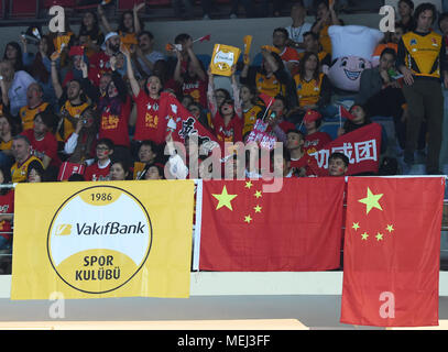 (180423) -- ISTANBUL, April 23, 2018(Xinhua) -- Supporters cheer up for Vakifbank during the third leg match of the 2017-2018 Turkish Women Volleyball League final series between Vakifbank and Eczacibasi in Istanbul, Turkey, on April 22, 2018. Vakifbank lost 2-3.(Xinhua/He Canling) Stock Photo