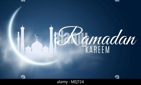 Ramadan Kareem background. Religion Holy Month. Caligraphy. Light moon. Clouds. Temple with domes. Old Muslim city. Cover, banner for design. Vector i Stock Vector