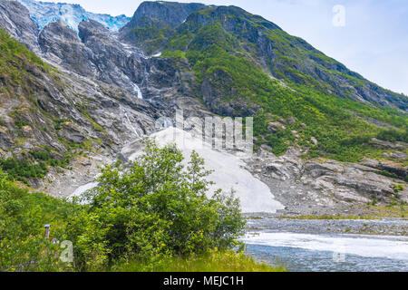 glacier Supphellebreen and its river, part of Jostedal National Park, Norway, near Fjaerland, rough Norwegian mountain landscape Stock Photo