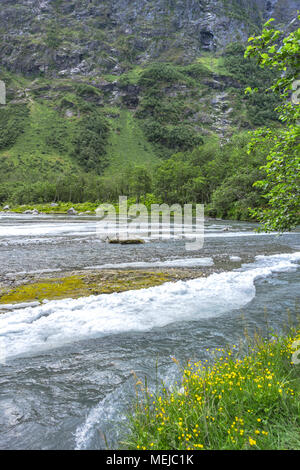 glacier Supphellebreen and its river, part of Jostedal National Park, Norway, near Fjaerland, riverscape with melting pieces of ice Stock Photo