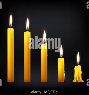 Vector 3d realistic different orange paraffin or wax burning party candle icon set closeup on black background. Whole, melted and candle stump. Design template, clipart for graphics Stock Vector