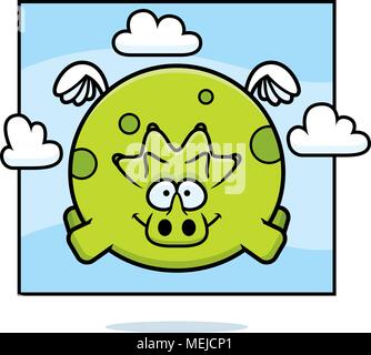 A cartoon illustration of a triceratops flying in the sky. Stock Vector