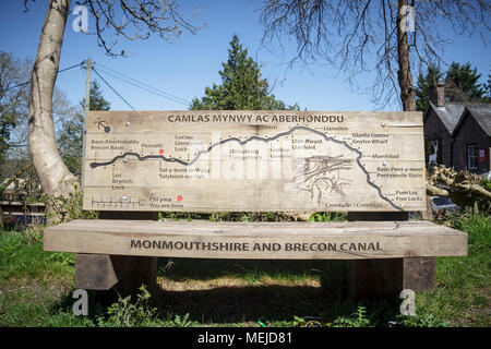 An Information Bench along the Brecon Monmouth canal at Talybont on Usk Brecon Beacons Stock Photo