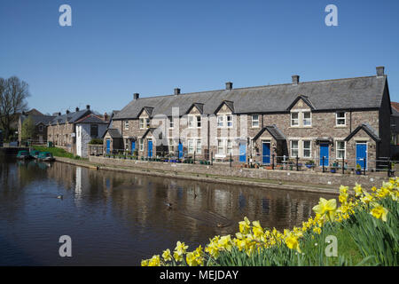 The Brecon Canal Basin - the start of the Monmouthshire and Brecon Canal in the heart of Brecon, South Wales on a sunny day Stock Photo