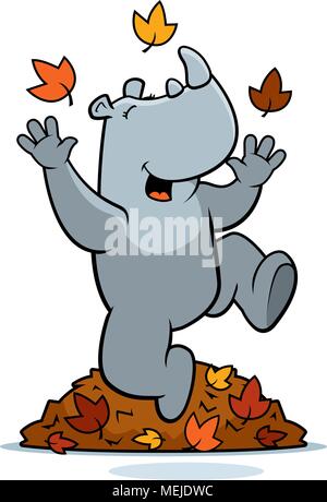 A cartoon illustration of a rhinoceros jumping in autumn leaves. Stock Vector