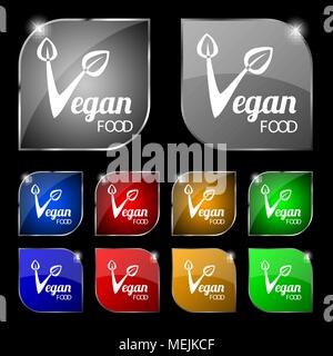 Vegan food graphic design icon sign. Set of ten colorful buttons with glare. Vector illustration Stock Vector