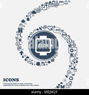 wristwatch icon in the center. Around the many beautiful symbols twisted in a spiral. You can use each separately for your design. Vector illustration Stock Vector