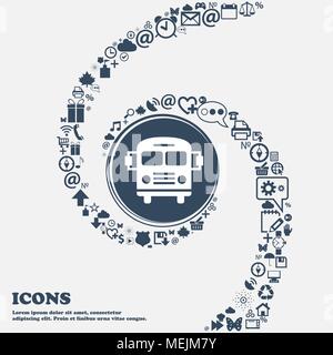 Bus icon in the center. Around the many beautiful symbols twisted in a spiral. You can use each separately for your design. Vector illustration Stock Vector