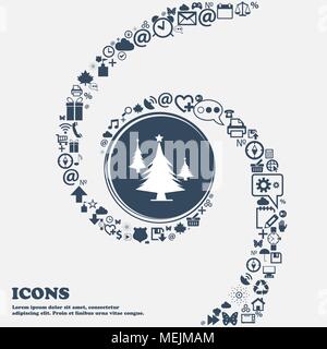 coniferous forest, tree, fir-tree sign icon in the center. Around the many beautiful symbols twisted in a spiral. You can use each separately for your Stock Vector