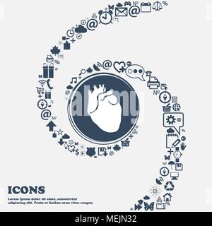 Human heart icon in the center. Around the many beautiful symbols twisted in a spiral. You can use each separately for your design. Vector illustratio Stock Vector