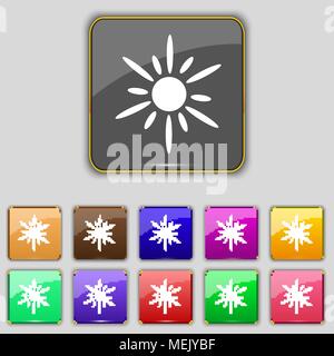 Sun icon sign. Set with eleven colored buttons for your site. Vector illustration Stock Vector