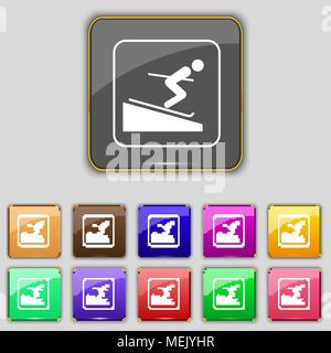 Skier icon sign. Set with eleven colored buttons for your site. Vector illustration Stock Vector