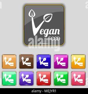 Vegan food graphic design icon sign. Set with eleven colored buttons for your site. Vector illustration Stock Vector