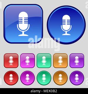 microphone icon sign. A set of twelve vintage buttons for your design. Vector illustration Stock Vector