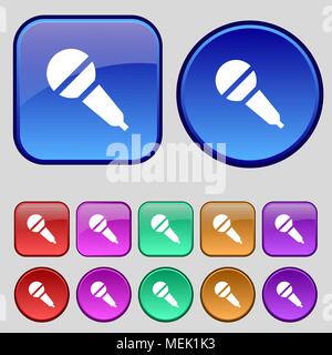 Microphone icon sign. A set of twelve vintage buttons for your design. Vector illustration Stock Vector