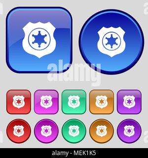 Sheriff, star icon sign. A set of twelve vintage buttons for your design. Vector illustration Stock Vector