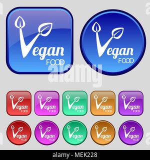 Vegan food graphic design icon sign. A set of twelve vintage buttons for your design. Vector illustration Stock Vector