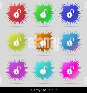 open lock icon sign. A set of nine original needle buttons. Vector illustration Stock Vector