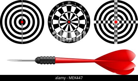 Classic dart board target set and darts red arrow isolated on white background. Vector Illustration. Black and white dartboard print template Stock Vector