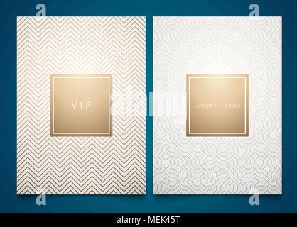 Vector set white packaging templates with different golden linear geometric pattern texture for luxury product. Trendy design for logo Stock Vector