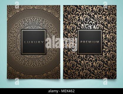 Vector set packaging templates with different golden floral damask texture for luxury product. Trendy design for logo Stock Vector