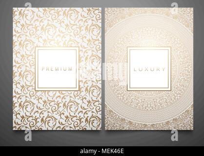 Vector set packaging templates with different golden floral damask texture for luxury product. White background and frame. Trendy design for logo Stock Vector