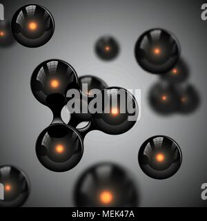 Vector abstract black glossy molecules design. Atoms with glow nuclear light sparks illustration. Futuristic alien gene background for science banner  Stock Vector
