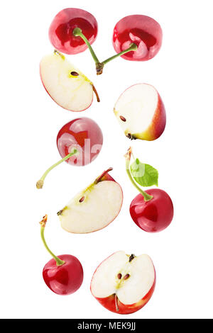 Isolated falling fruits. Falling apple and cherries isolated on white background with clipping path as package design element. Stock Photo