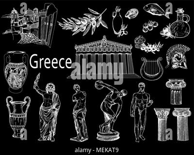 Set of hand drawn sketch style Greek themed objects isolated on black background. Vector illustration. Stock Vector