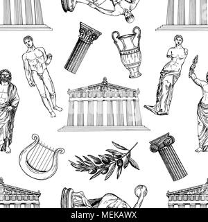 Seamless pattern of hand drawn sketch style Greek themed objects isolated on white background. Vector illustration. Stock Vector